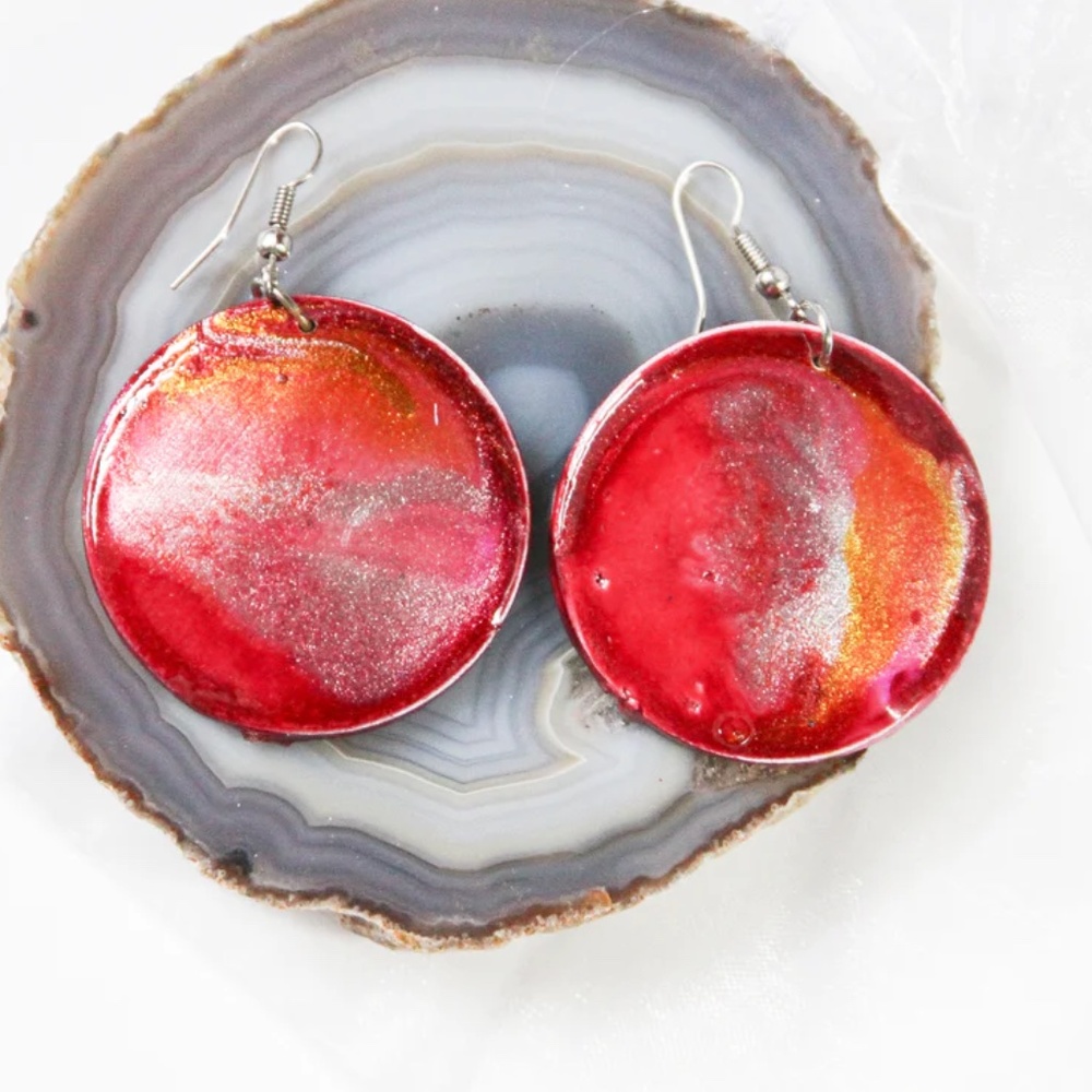 Red Marbleized Wood Earrings - New